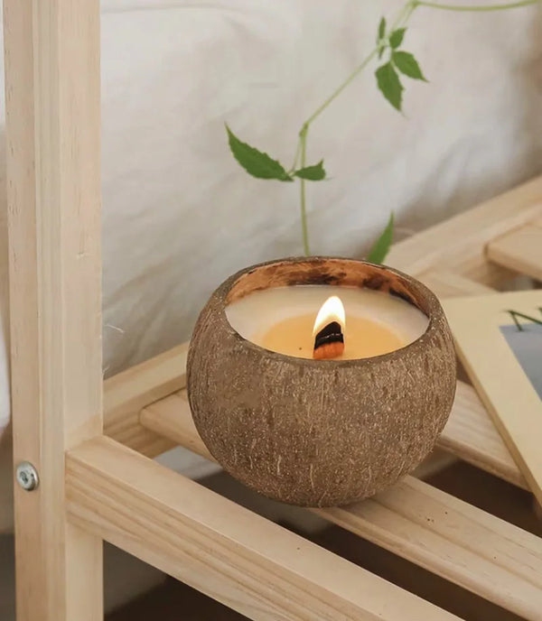 Natural Coconut Shell Bowl Candle with Crystal Accent