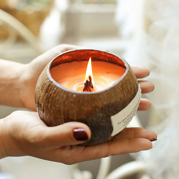 Natural Coconut Shell Bowl Candle with Crystal Accent
